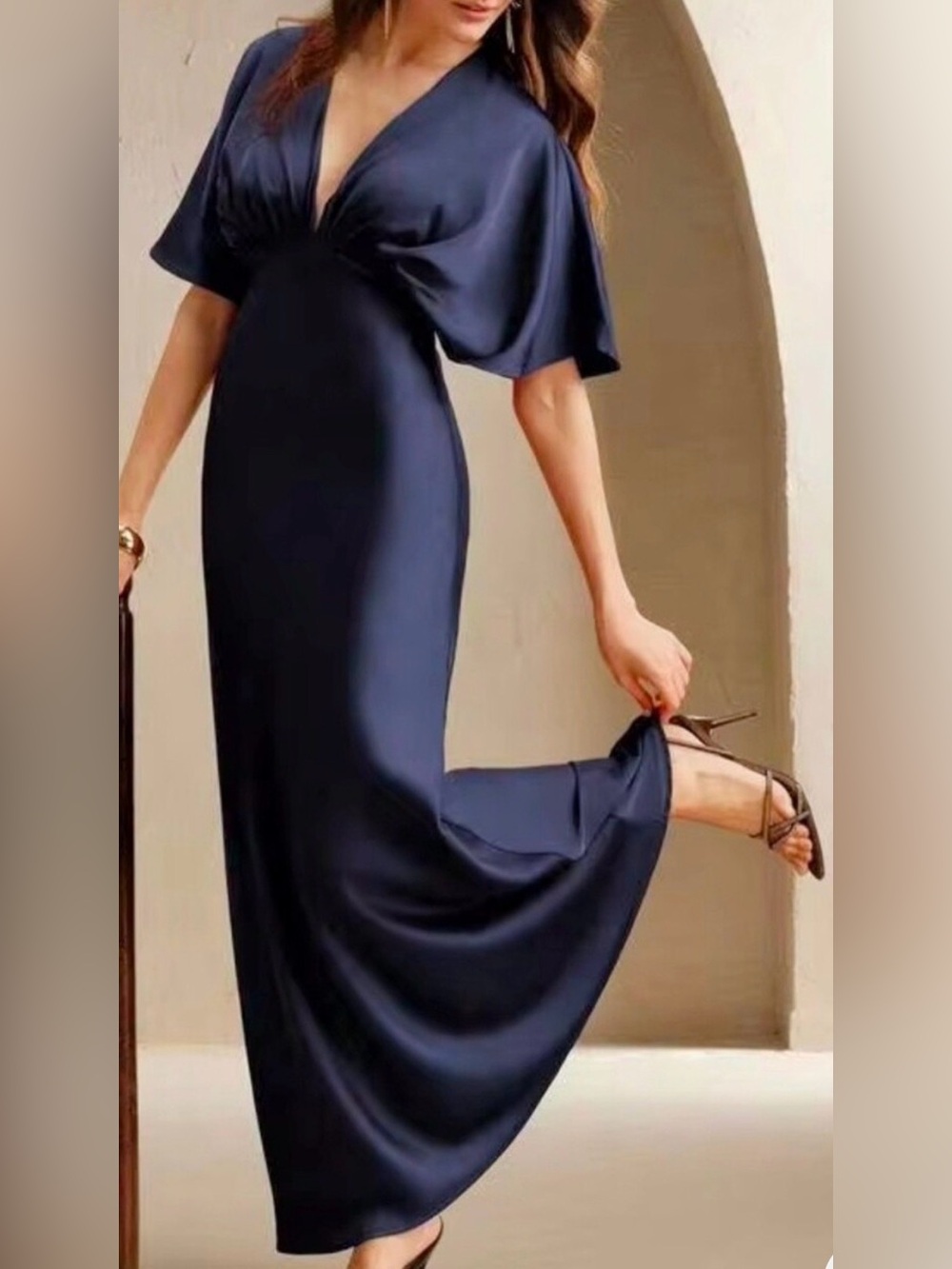 New Flowy Satin Dolman Sleeve High Waist Maxi Dress Navy Blue